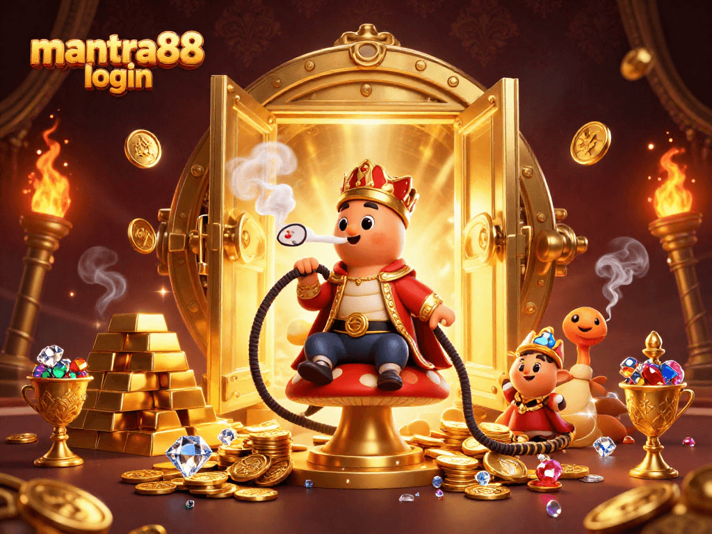 Engage with mantra88 login in a vibrant 3D casino illustration bursting with gold and gems.