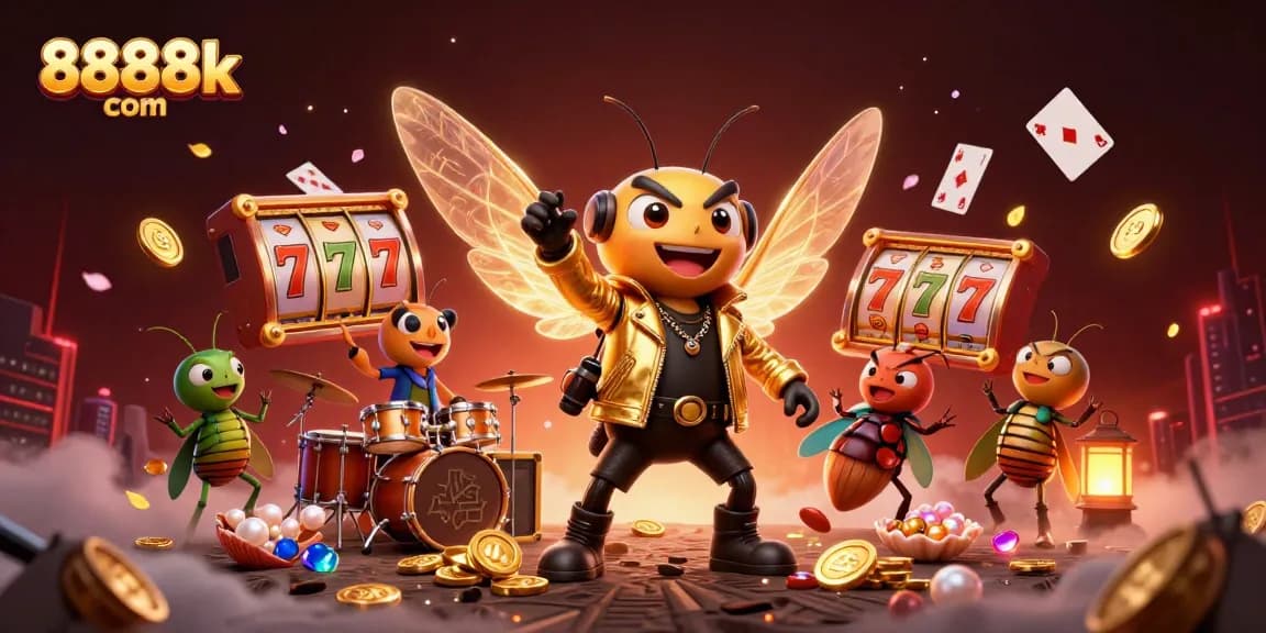 Experience thrilling gaming action at 8888k com with a vibrant illustration of a rock star cicada and casino elements.