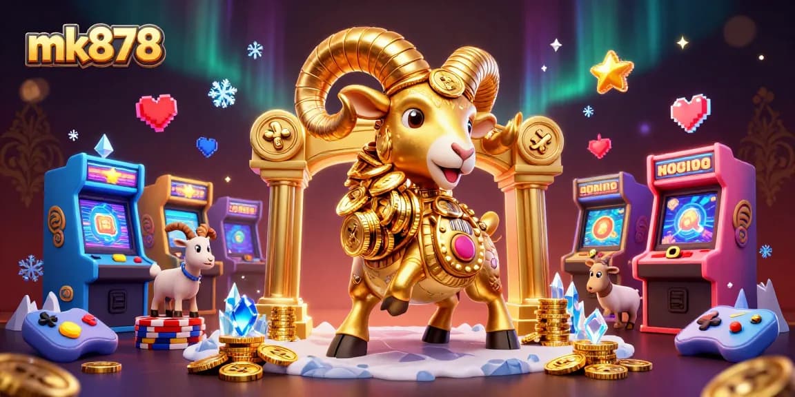 Engage in thrilling games at mk878 with a golden ram showcasing casino excitement against a vibrant arcade backdrop.
