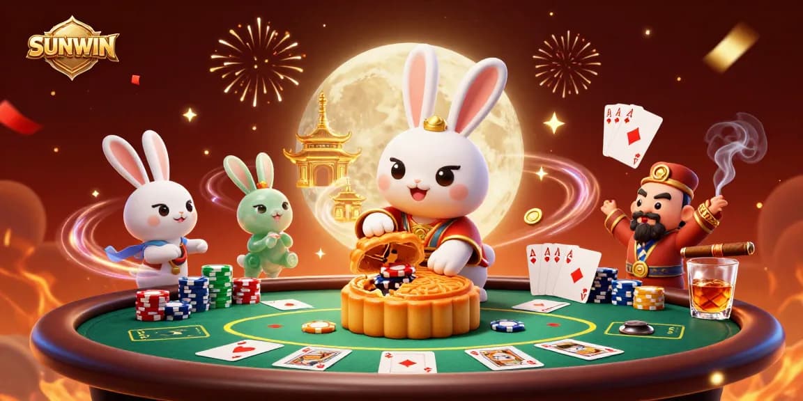 SUNWIN offers an exciting gaming adventure with a lively scene of a cartoon moon rabbit revealing poker chips, celebrating vibrant gameplay.