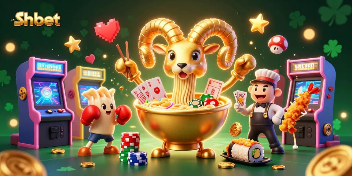 Engage with shbet's vibrant 3D casino illustration showcasing a ramen bowl dealer amid arcade elements.