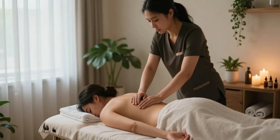 마사지 테라피를 받는 고객과 편안한 분위기의 마사지 샵 내부 모습