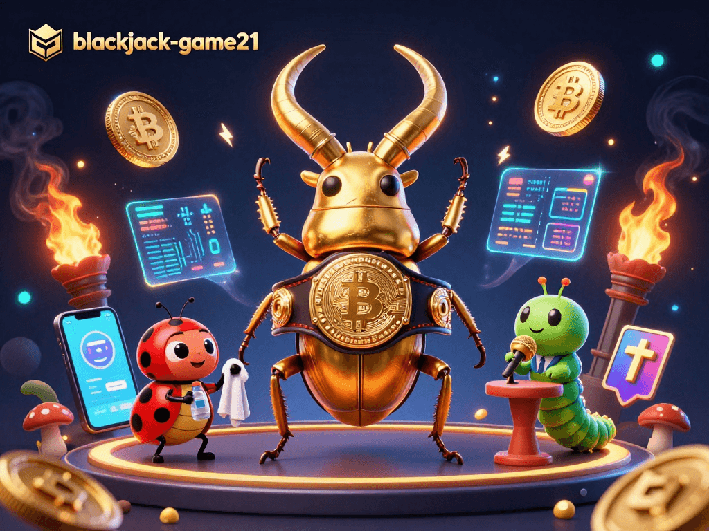 Featuring a golden stag beetle champion in a riveting scene with blackjack-game21 elements, showcasing the thrill of gaming.