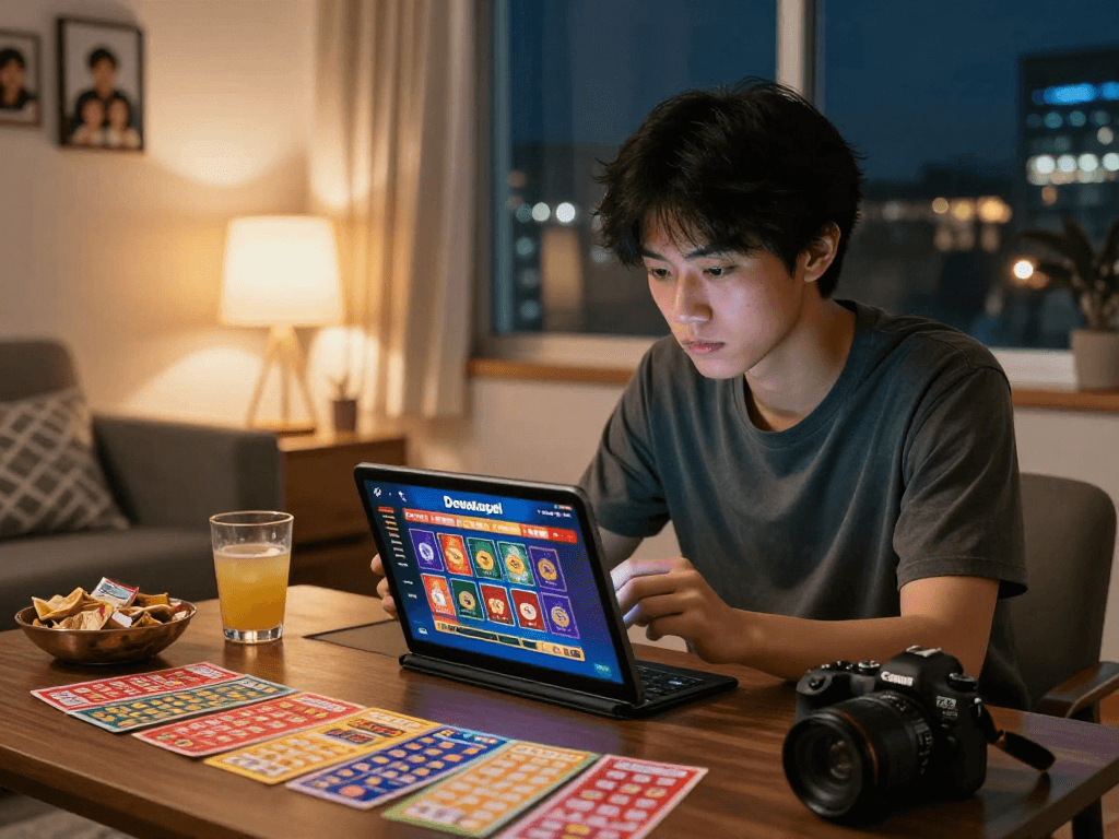 Dewatogel user enjoying online lottery experience at home with tablet and gaming accessories.