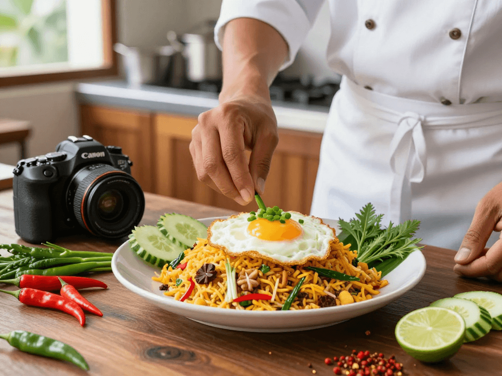 Makanan situs epictoto, nasi goreng segar disiapkan oleh chef di dapur modern dengan bahan-bahan berwarna cerah.