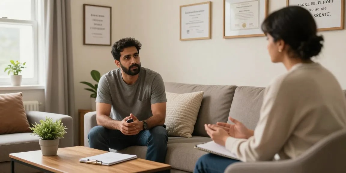 Best sex therapist in India, Dr. Dhruv Bhola, providing a confidential consultation in a warm therapy room.