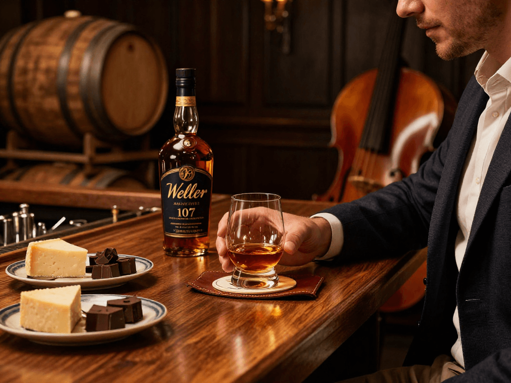 Savoring Weller Antique 107 Bourbon in an elegant bar setting with warm lighting and gourmet snacks.