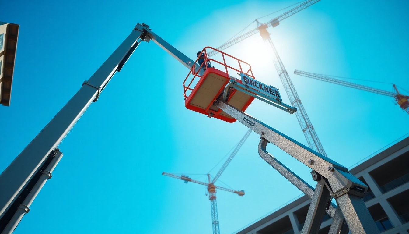 Cherry picker lifting a worker above a construction site, showcasing its functionality.