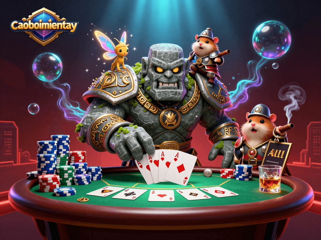 Engage with caoboimientay’s thrilling poker adventure featuring a magical golem and brave hamster knight.
