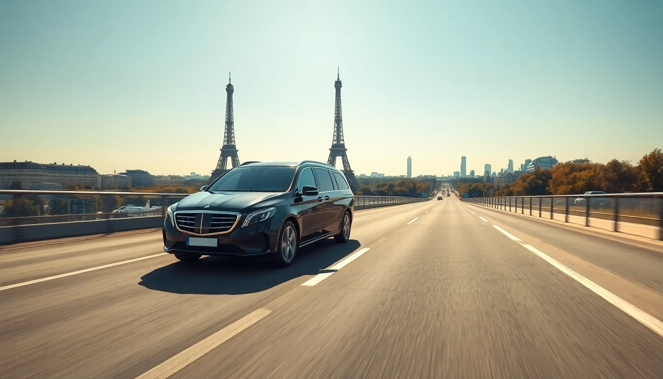 Experience a seamless Orly Airport to Paris Transfer with a stylish vehicle against the city skyline background.