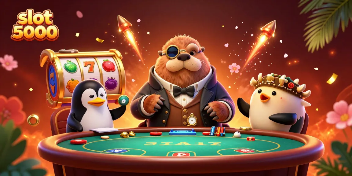 Slot 5000 memikat dengan walrus dan dealer di meja slot yang meriah.