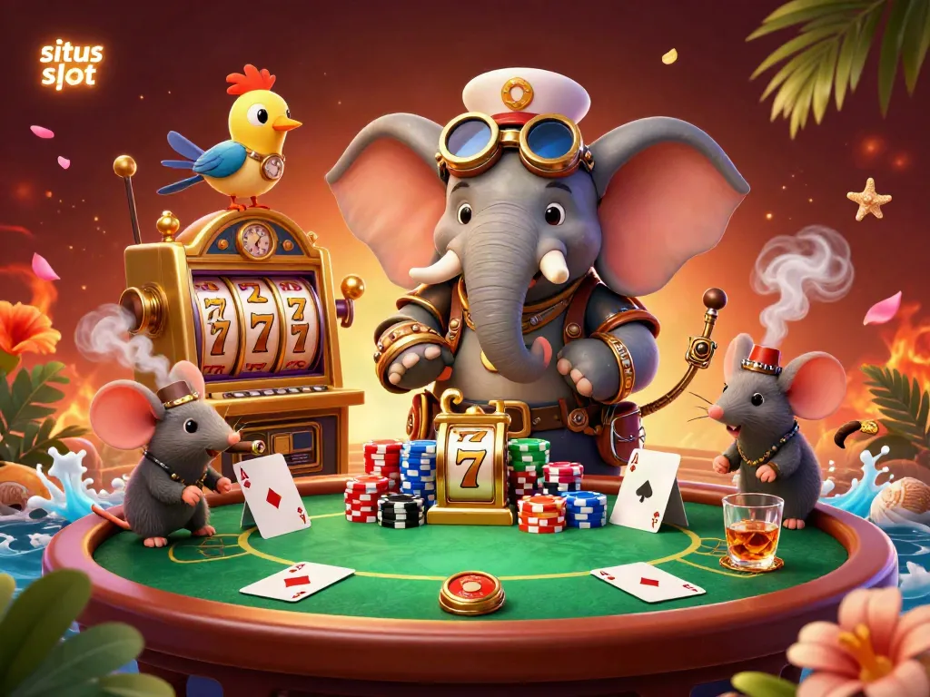Experience the excitement of situs slot with a dynamic 3D illustration of a steampunk elephant engineer on a lavish slot machine.