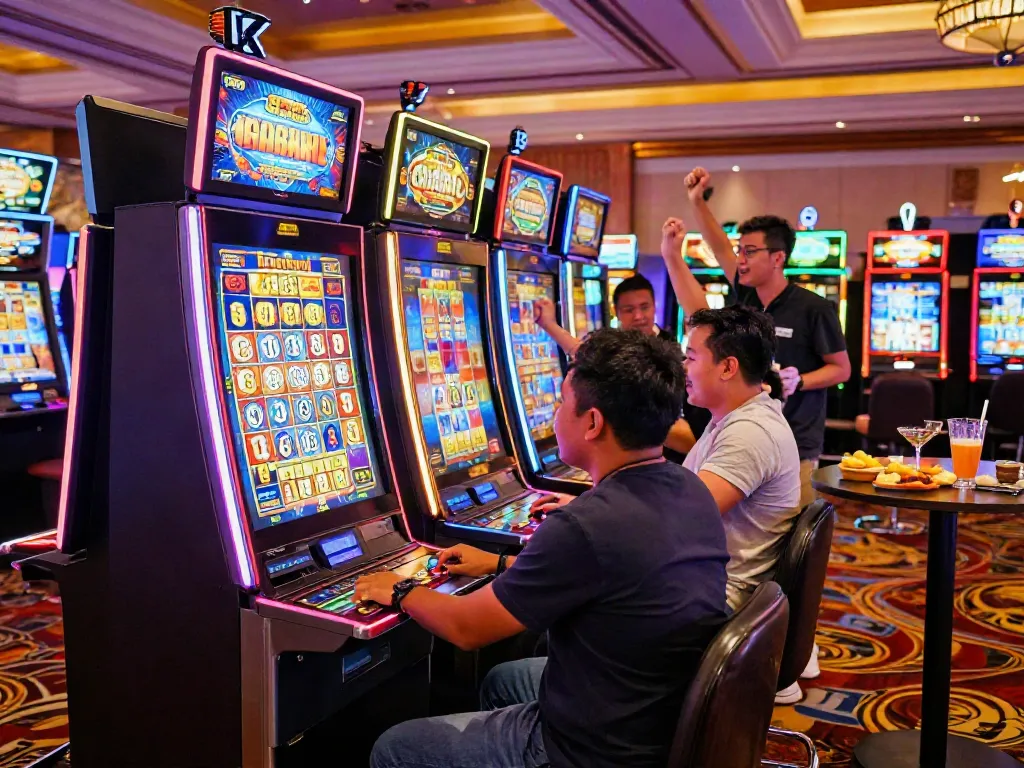 Players celebrating a win on a slot gacor machine, vibrant casino environment.
