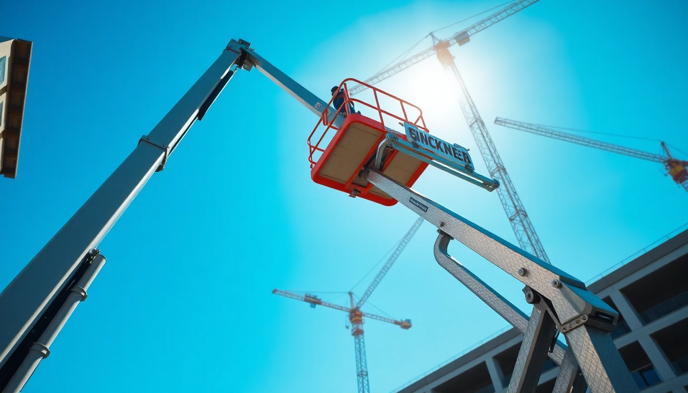 Cherry picker lifting a worker above a construction site, showcasing its functionality.