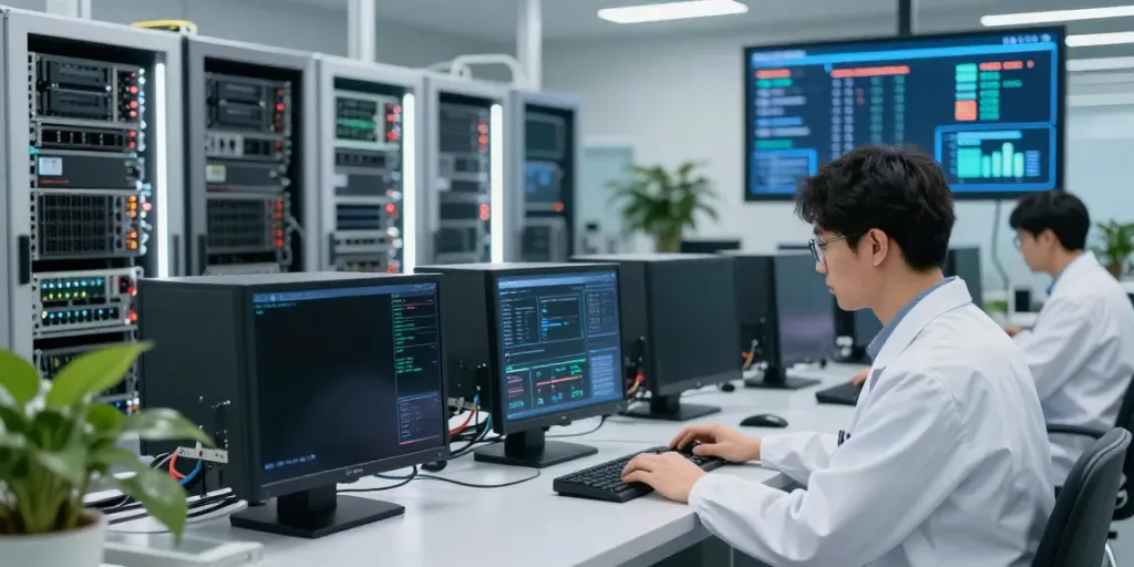 AI inference operations in a modern GPU computing facility, highlighting advanced monitoring and data analysis.