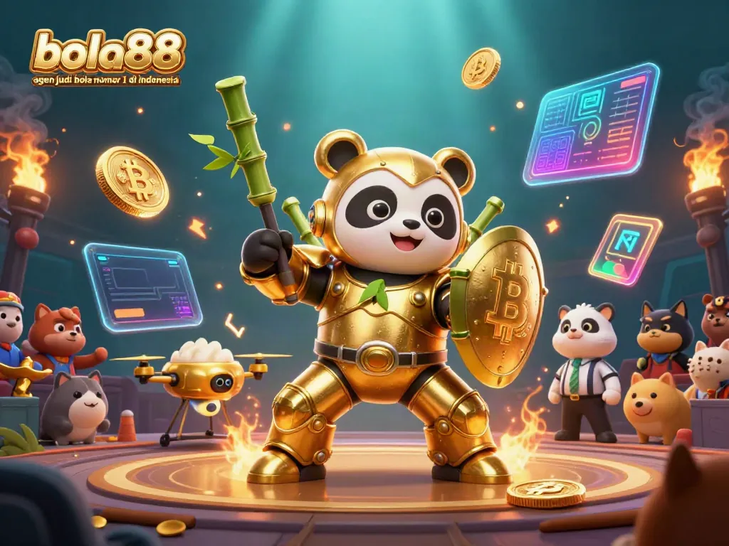 Engage with the excitement of bola88 agen judi bola nomor 1 di indonesia in a vibrant 3D illustration featuring a panda and a fighting robot.