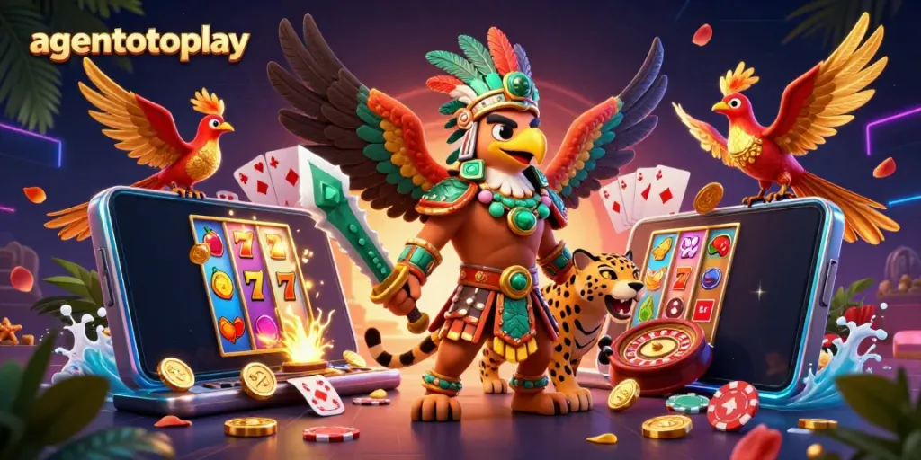 Engage with the action of agentotoplay showcasing Aztec warriors, slot games, and vibrant gaming elements.