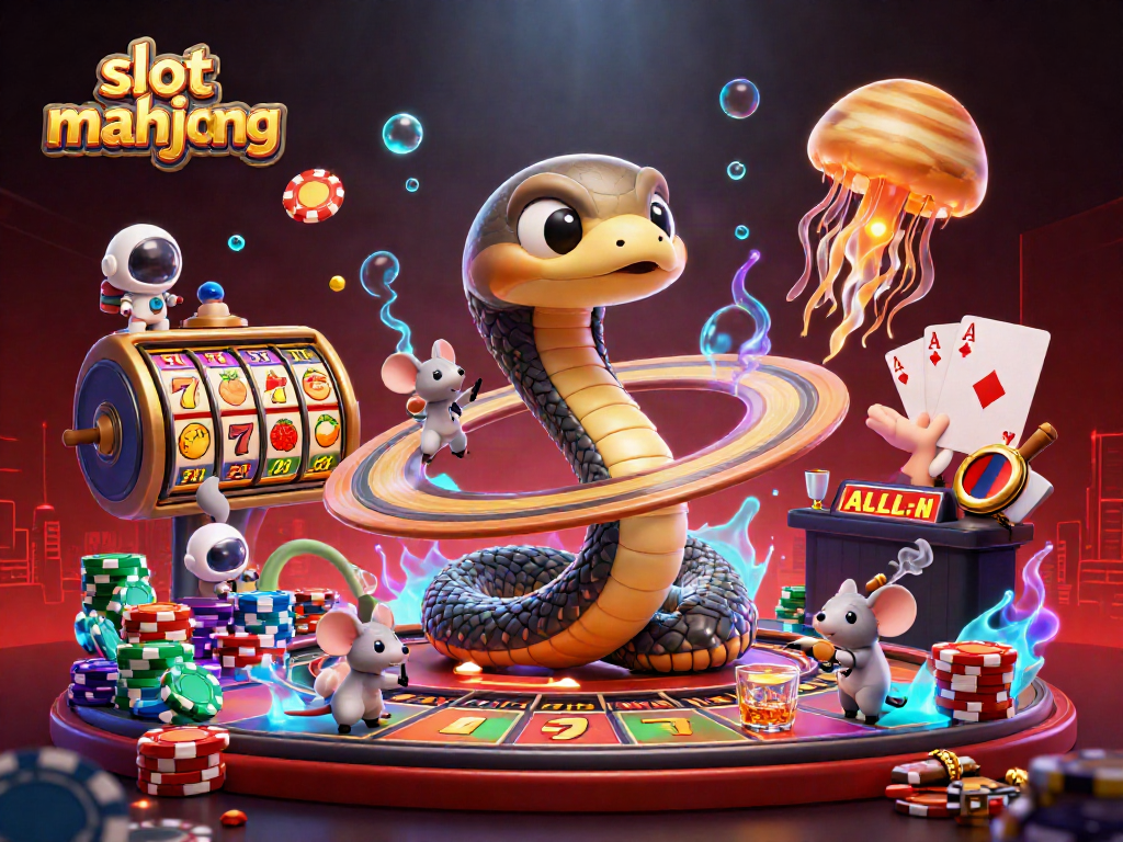 Experience slot mahjong excitement with a cosmic casino scene featuring a Saturn snake and astronaut mice.