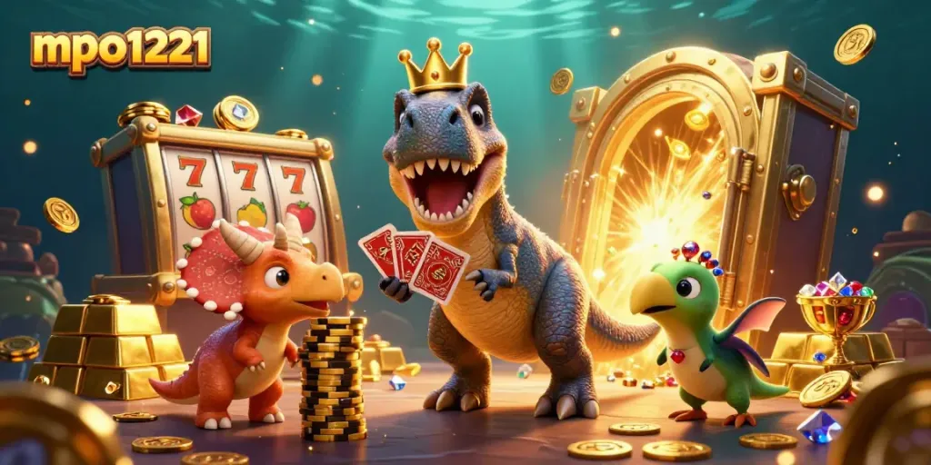 Engaging mpo1221 casino scene with cartoon characters playing cards and stacking chips.