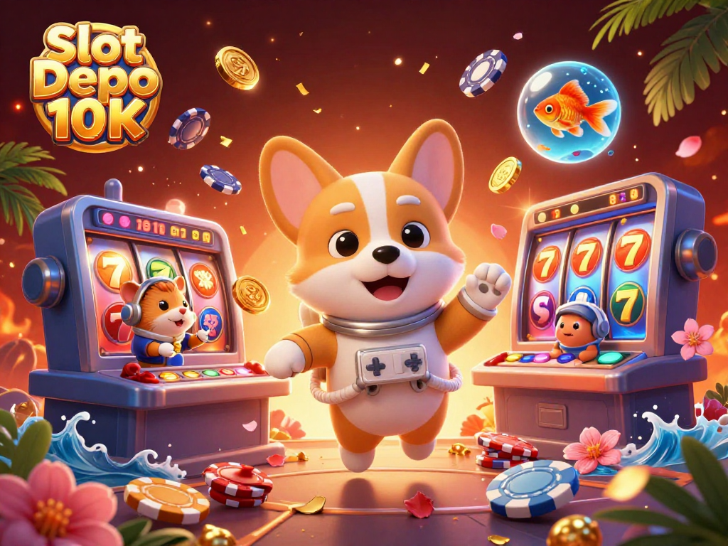 Spin to win with Slot Depo 10K at this dynamic space casino illustration featuring a corgi and exciting game elements.