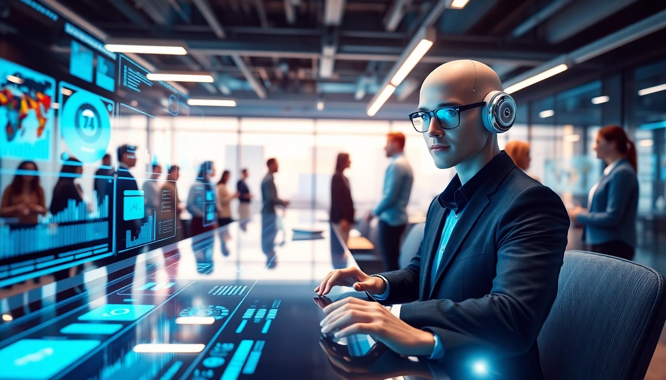 AI agents interacting with users in a dynamic digital workspace setting with innovative tools.