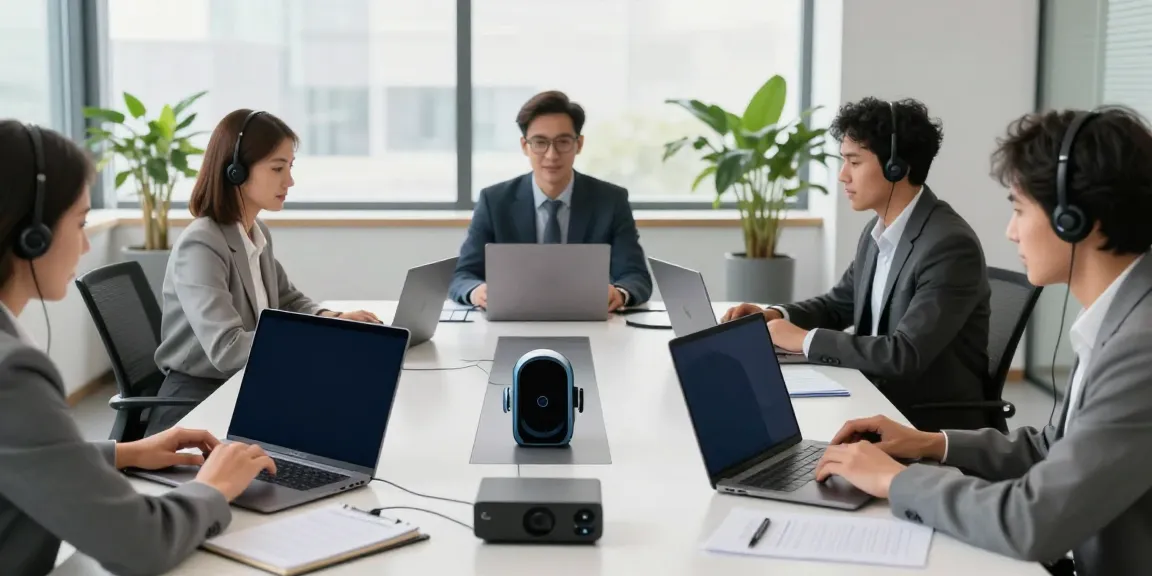 Deepfake protected Conferencing setup with a diverse team using secure technology in a modern office.