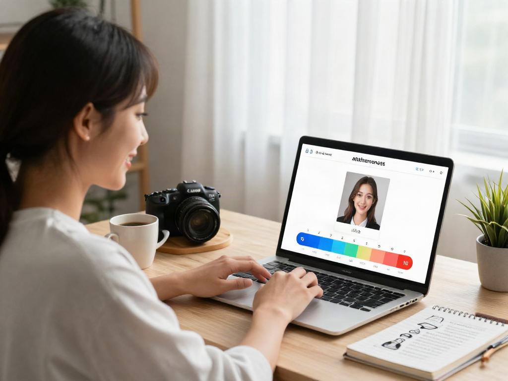 Test attractiveness with a friendly individual in a bright workspace ready to upload a selfie for AI evaluation.