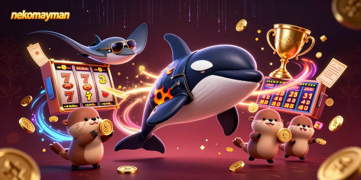 Engage with nekomayman in this vibrant scene of a lucky slot game featuring gold coins and animated characters.