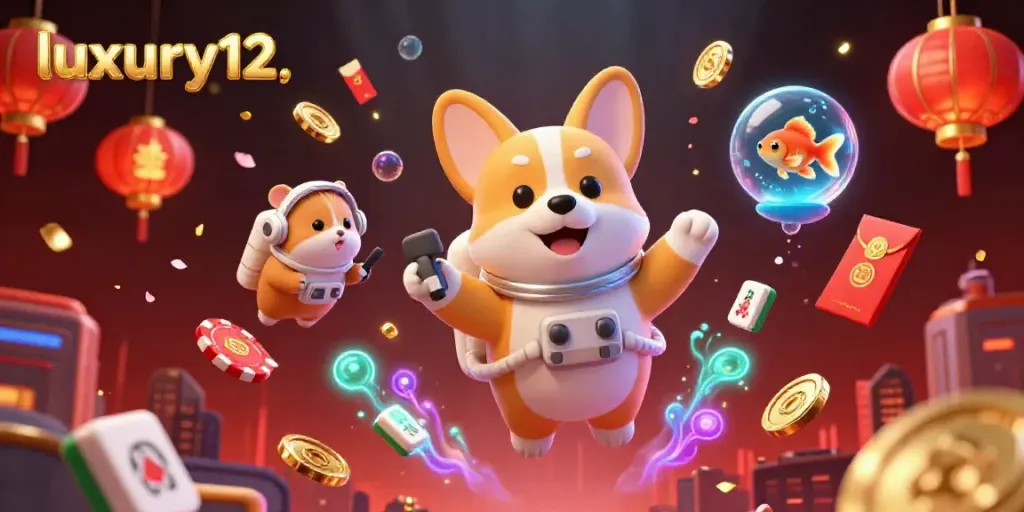 Engaging scene of a corgi astronaut at the luxury12 casino, surrounded by floating poker chips and coins.