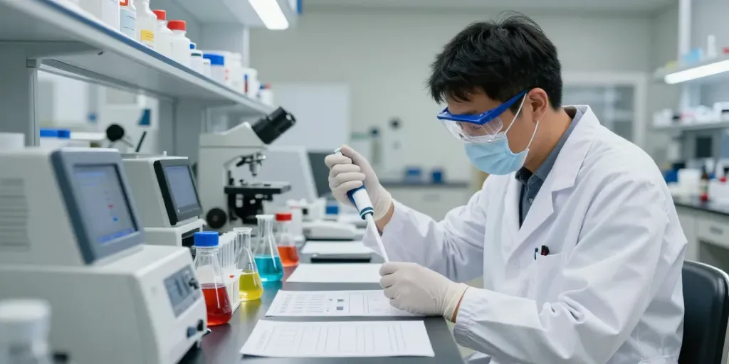 Scientist analyzing semaglutide research peptide in a lab setting.