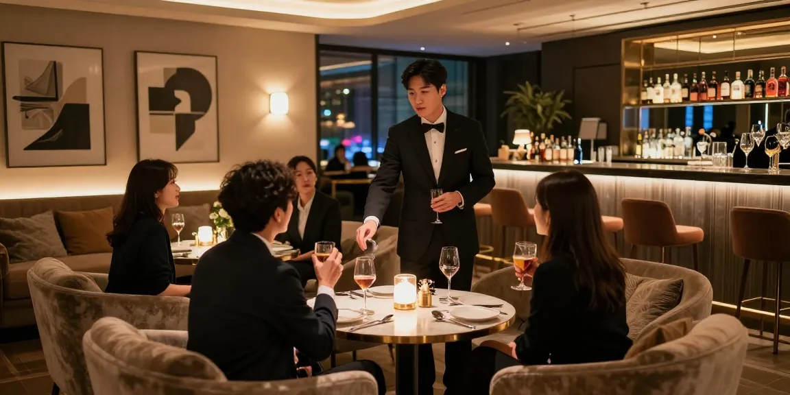강남 구구단의 고급스러운 프라이빗 룸에서 손님과의 대화와 음료 서비스 장면