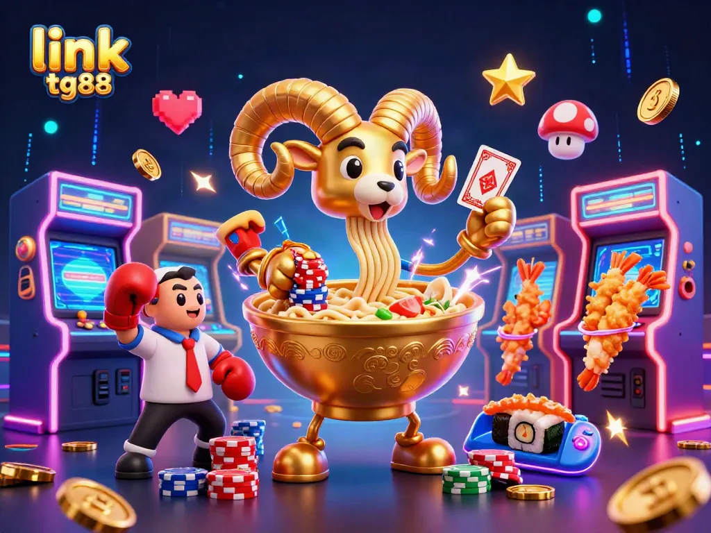 Engage with slot games at link tg88 featuring a giant ramen bowl dealer amidst vibrant casino elements.