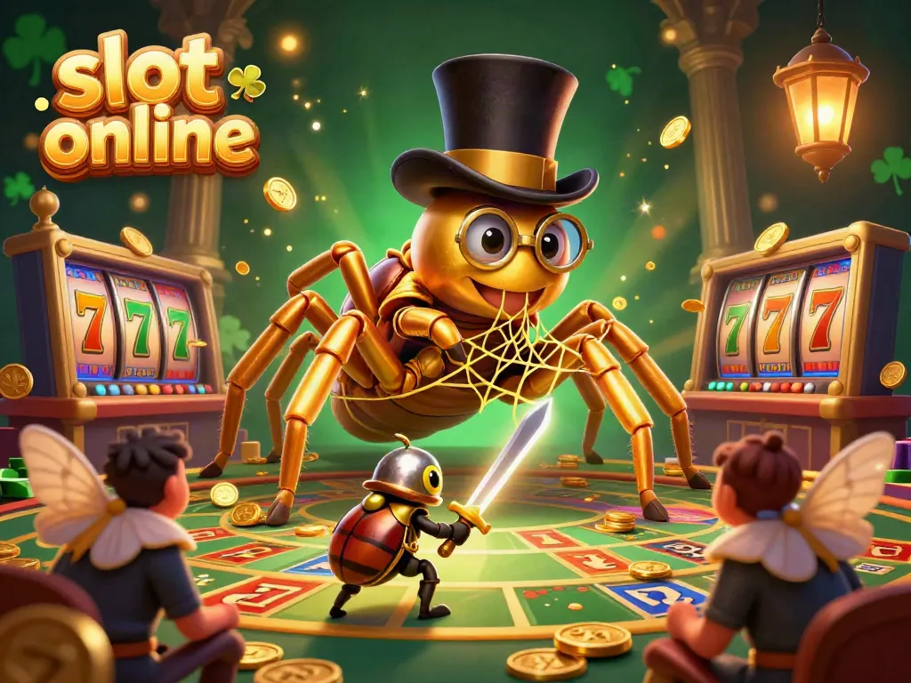 Experience thrilling slot online excitement with a cartoon illustration of a golden tarantula and a knight.