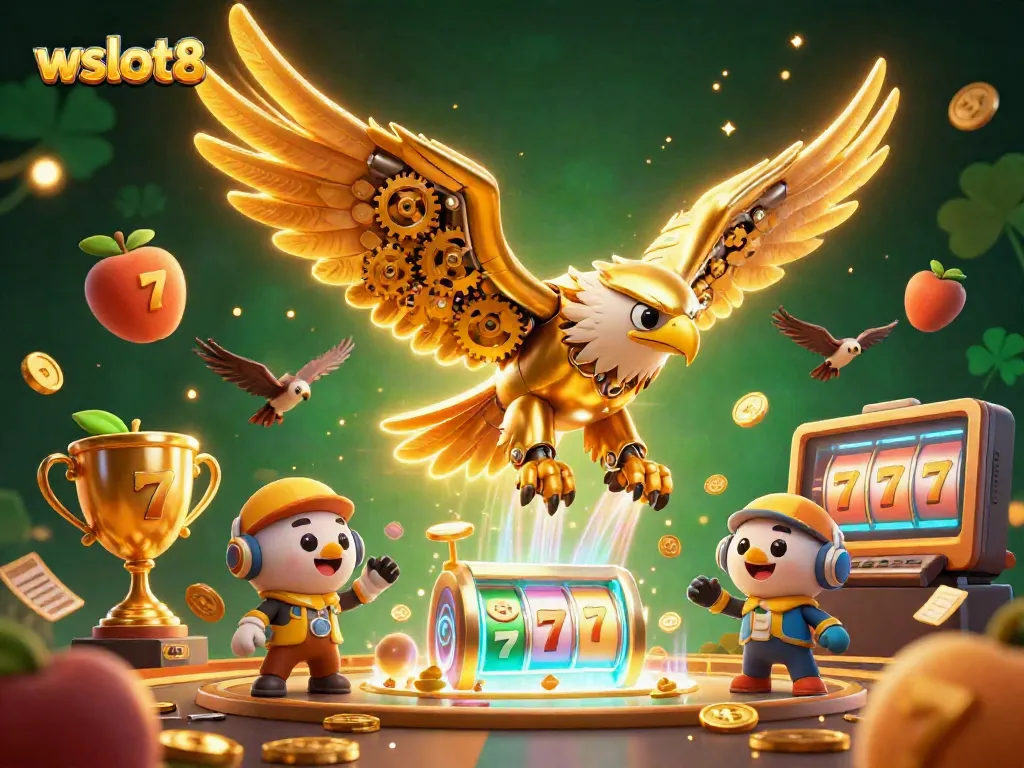 Slot jackpot wslot888 dalam ilustrasi 3D, memperlihatkan burung elang emas dan elemen kasino.