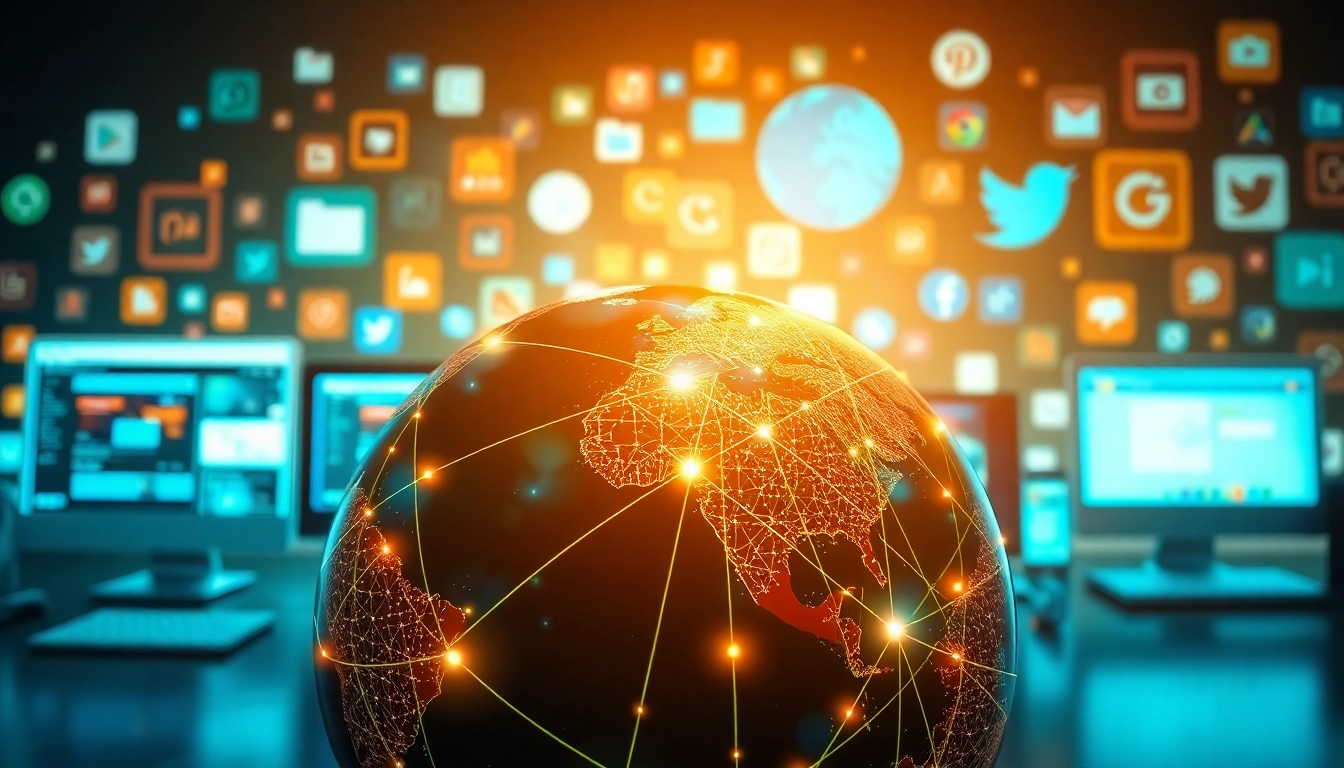 Visualizing the evolution of internet history through iconic web elements and digital devices.