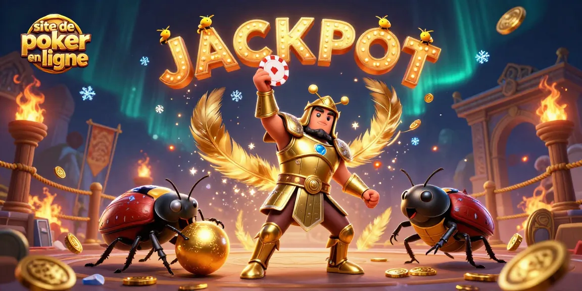 Jouez sur le meilleur site de poker en ligne avec une illustration dynamique, un scarabée héroïque soulevant un jeton de poker.