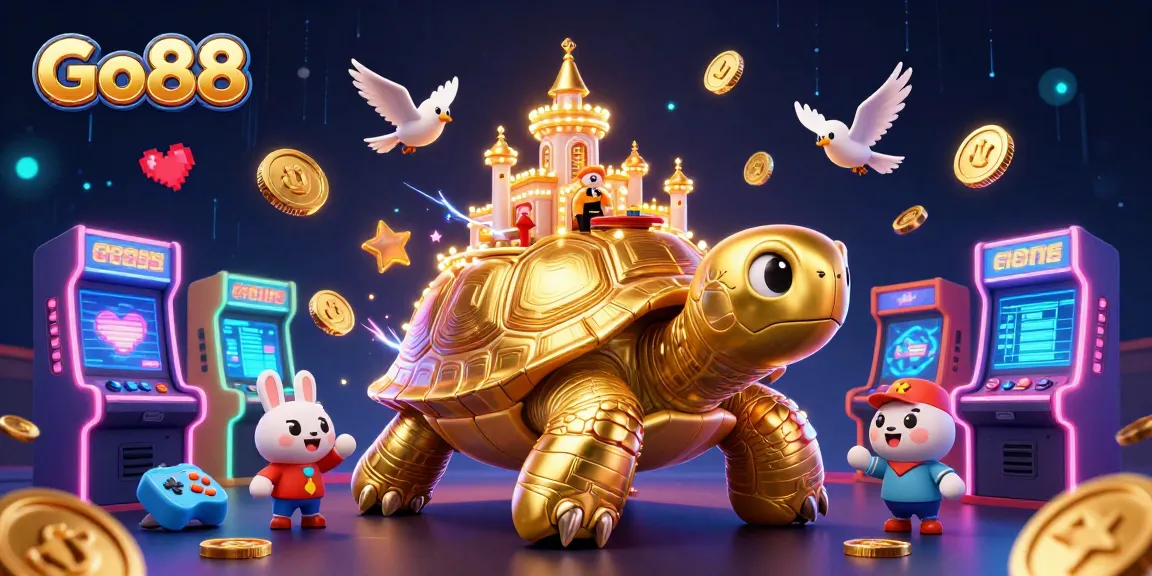 Experience Go88's vibrant casino world with a golden tortoise and a rabbit dealer amidst exciting game elements.