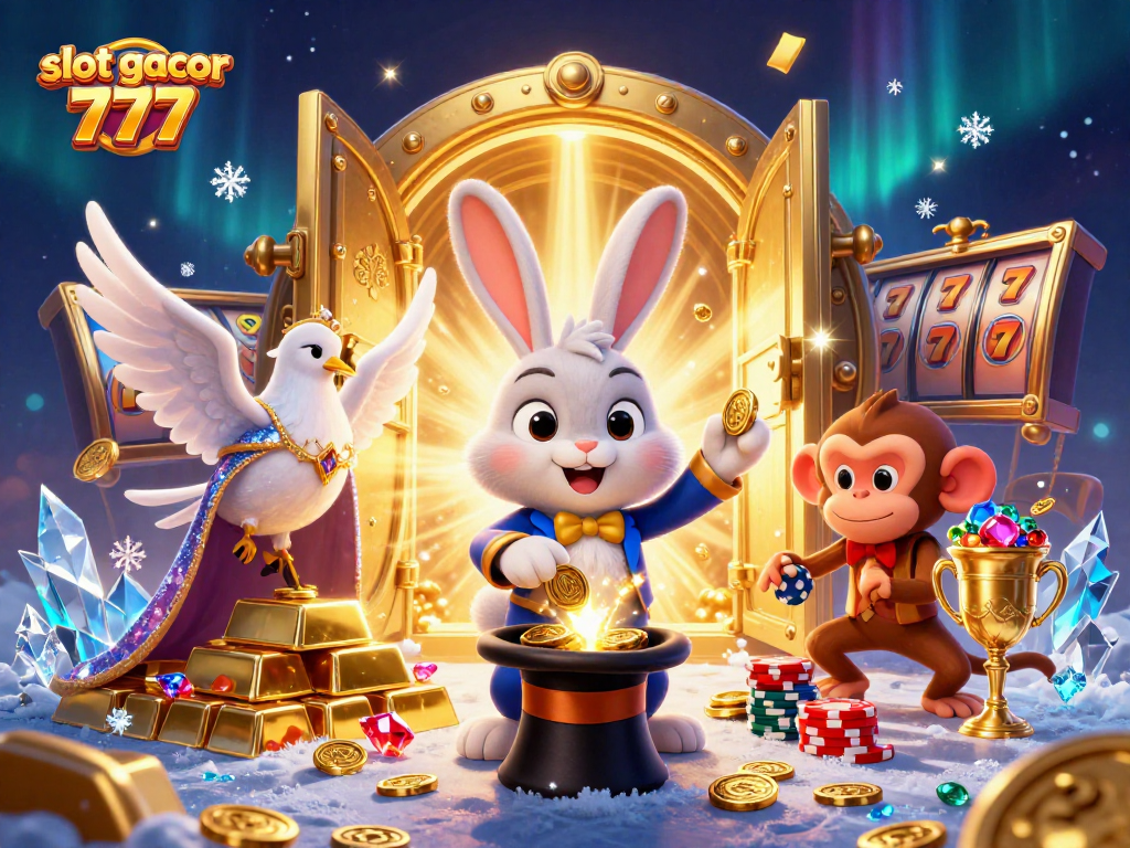 Spin and win with slot gacor 777 as a 3D magician rabbit, dove, and monkey bring gems and gold coins to life.
