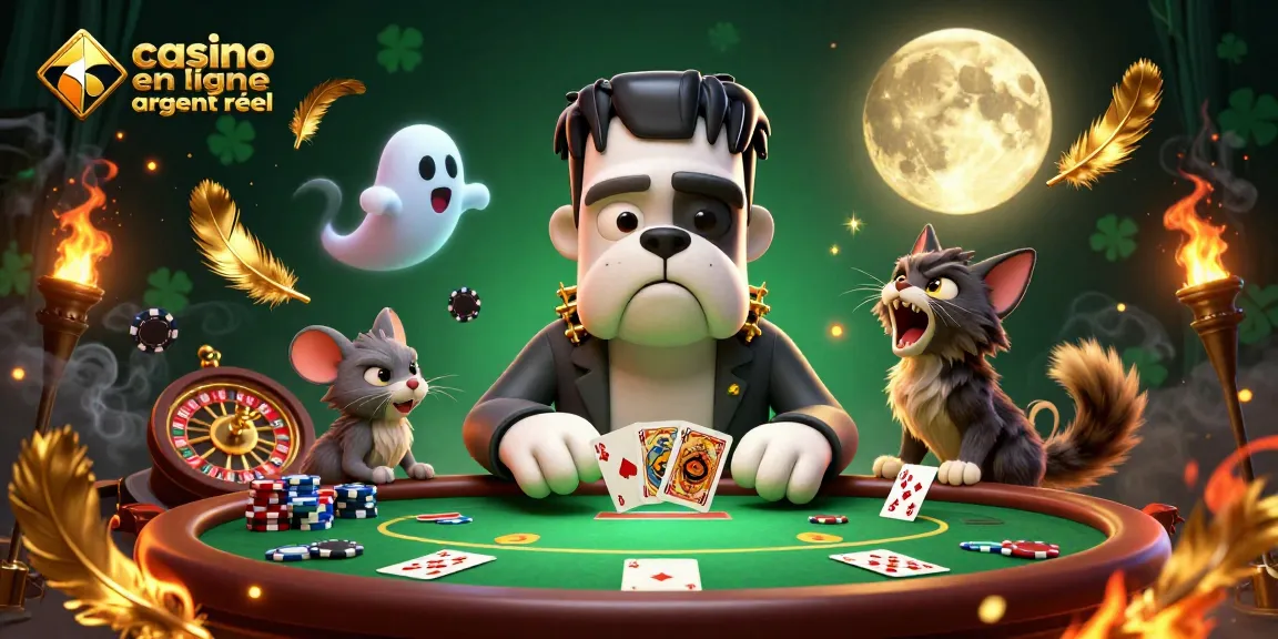 Jouer dans un casino en ligne argent réel avec un bulldog Frankenstein et des jetons de poker.