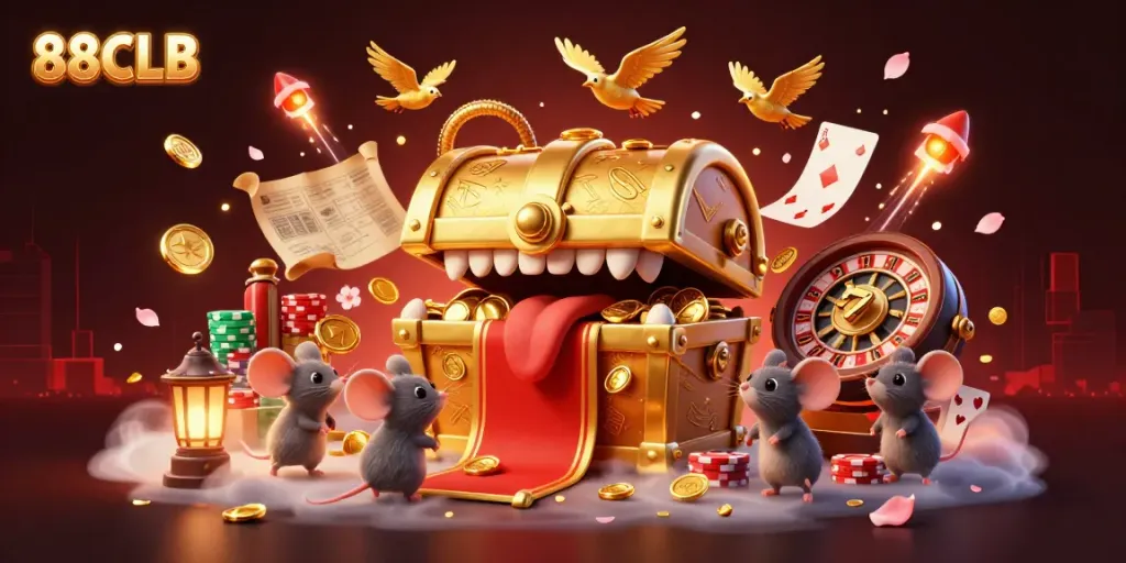 Engaging scene featuring 88CLB's rich online gaming experience with vibrant casino elements and a golden treasure chest character.
