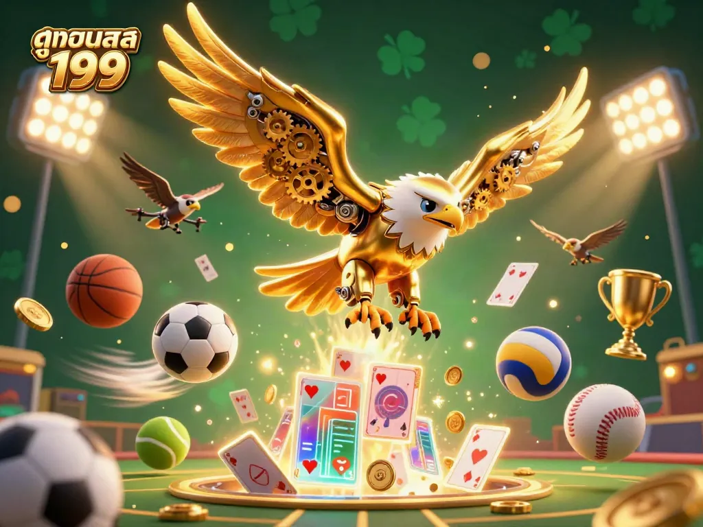 Engage with the thrilling world of sports betting at ดูบอลสด 199, featuring a dynamic illustration of a cybernetic eagle amid flying sports elements.
