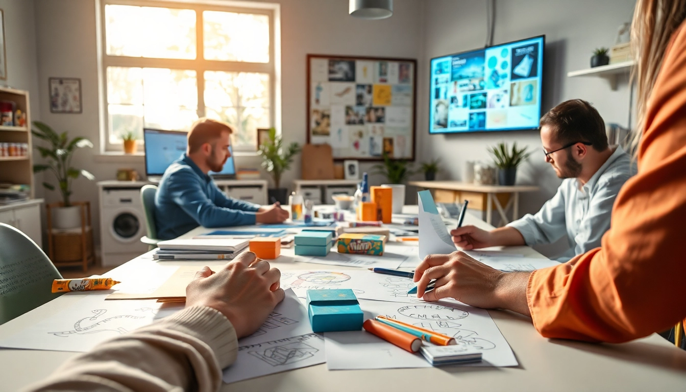 Showcasing a vibrant workspace of a packaging design agency Melbourne, creative designers collaborate on innovative packaging.