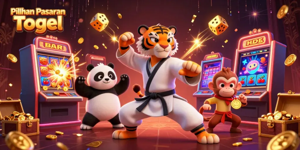 Engage with Pilihan Pasaran Togel through vibrant visuals of a 3D illustration featuring a kung fu tiger and a panda, surrounded by dynamic casino elements.