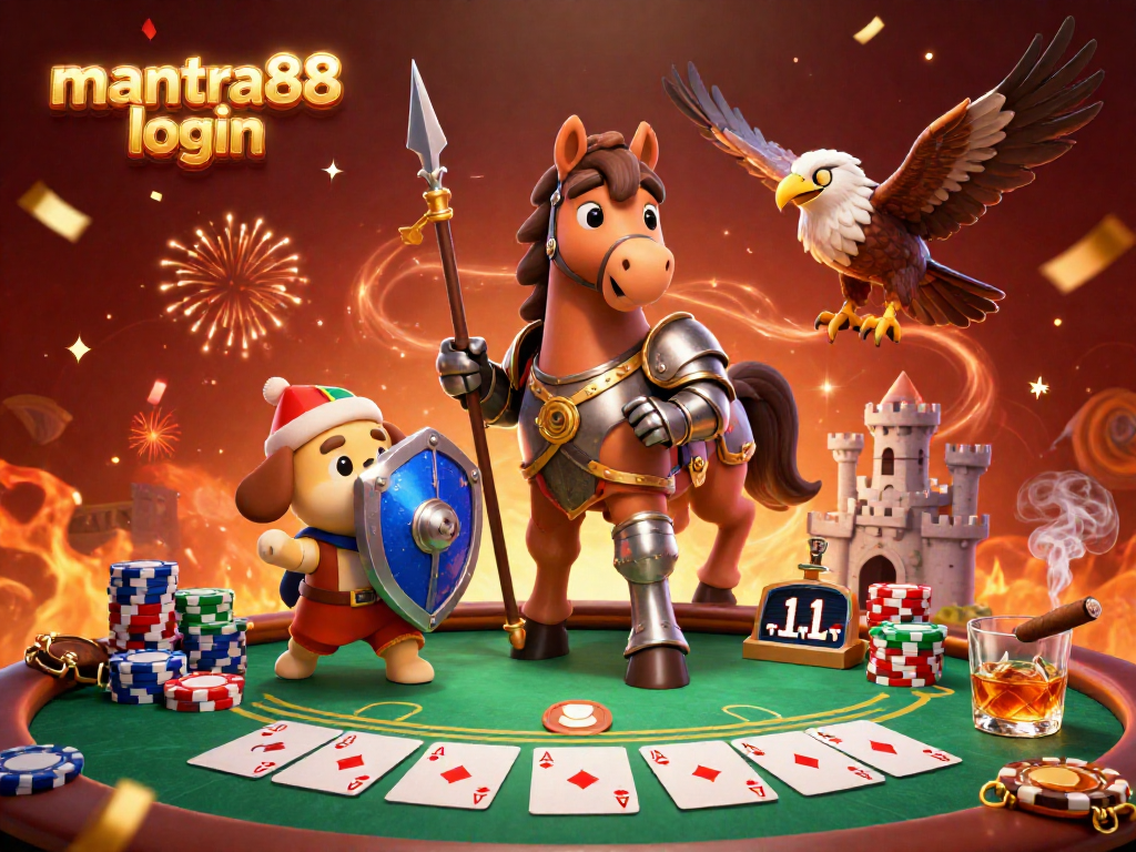 Engage with mantra88 login as you enjoy a vibrant scene of gaming excitement with a medieval knight, squire, and falcon.