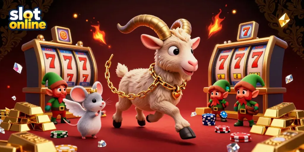 Experience the thrill of slot online gaming with this festive 3D casino illustration featuring unique characters and vibrant details.