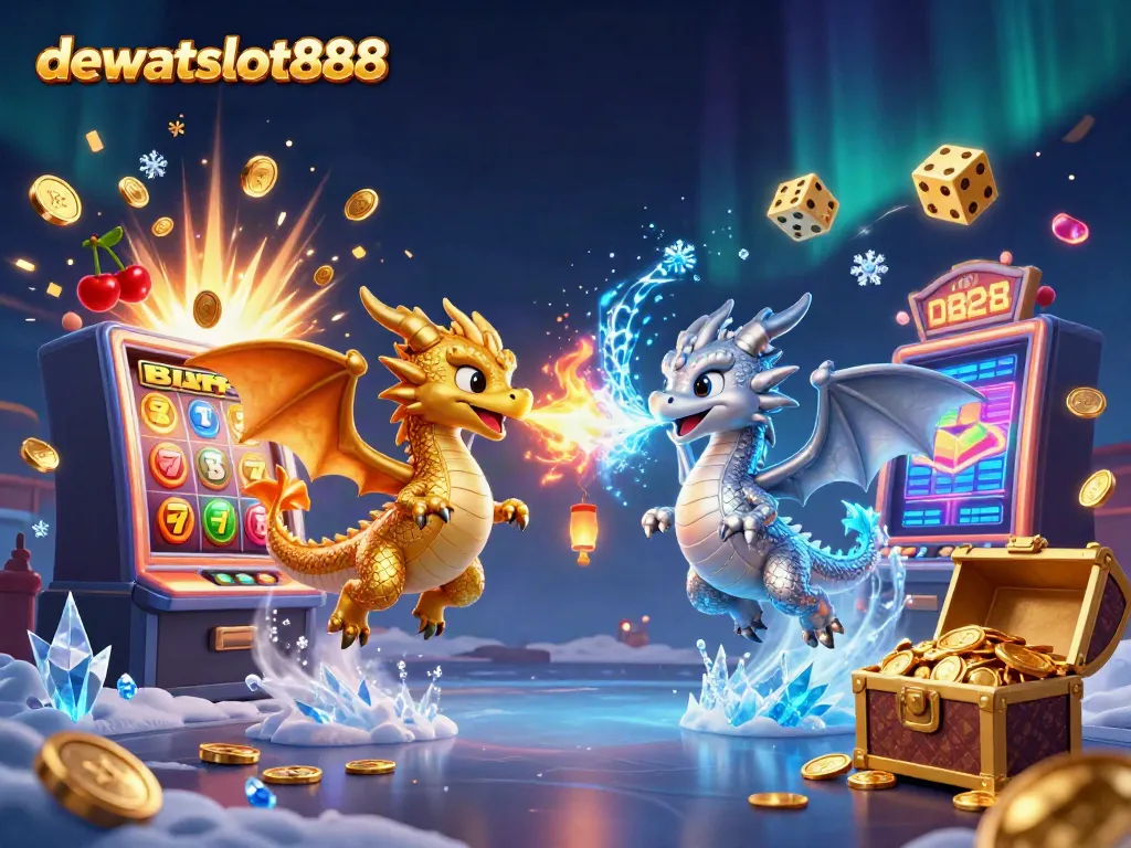 Menangkan jackpot di dewataslot888 dengan ilustrasi slot dan naga terbang.