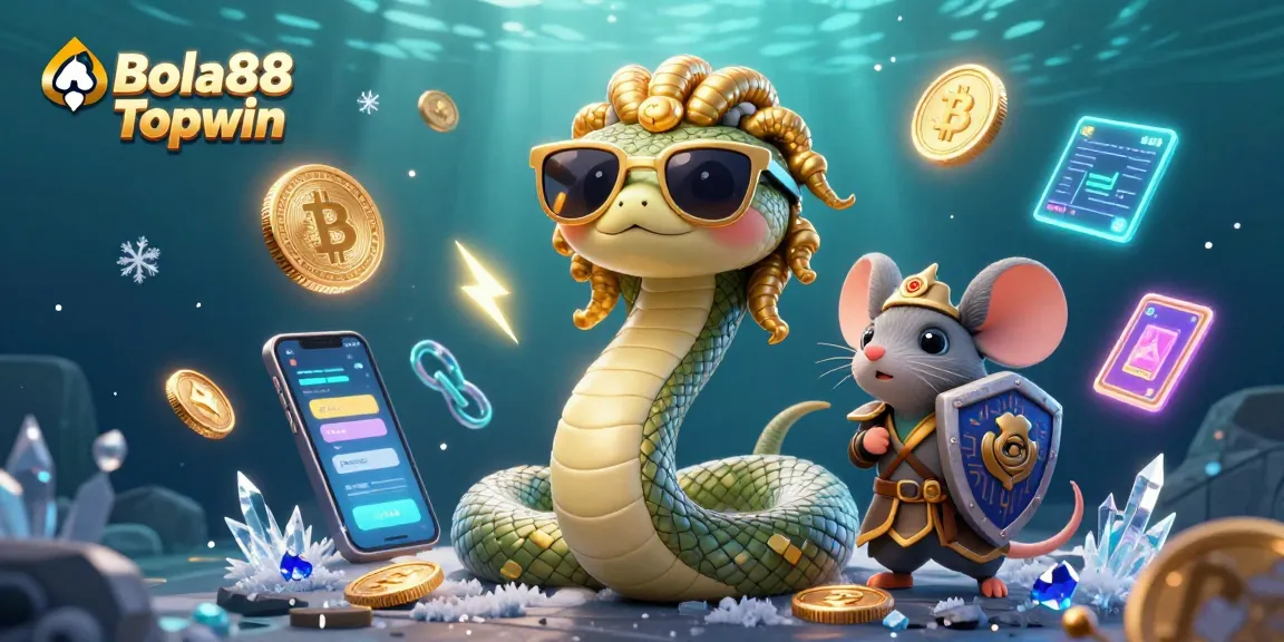 Bola88 Topwin offers vibrant casino experience illustrated with Medusa, warrior mouse, and crypto elements.