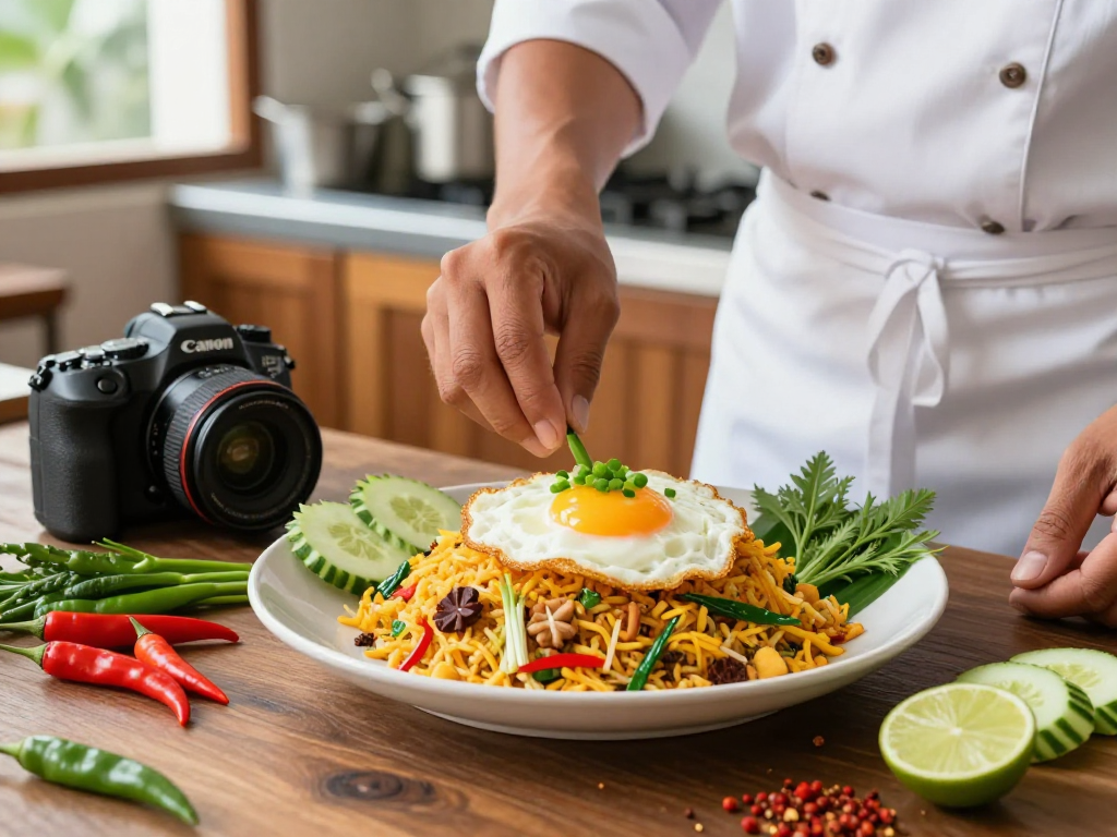 Makanan situs epictoto, nasi goreng segar disiapkan oleh chef di dapur modern dengan bahan-bahan berwarna cerah.