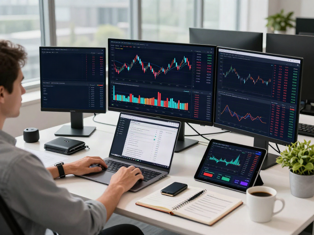 Dynamic trading workspace illustrating the use of Hong Kong stock market API for cryptocurrency and blockchain analysis, with multiple screens showcasing real-time market data and DeFi strategies.