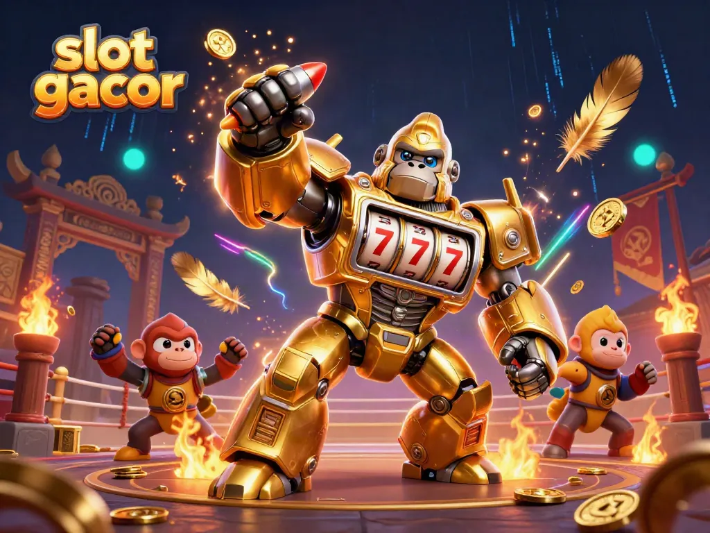 Menang besar di slot gacor dengan robot gorila mekanik yang epik, dikelilingi oleh partikel emas dan efek dramatis.
